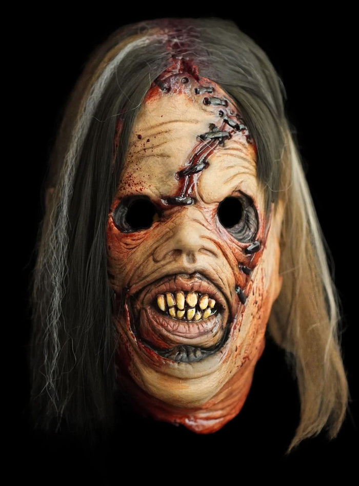 Slaughterhouse Bubba HD Studios Pro Halloween Mask front view with stitched flesh face and patchwork hair