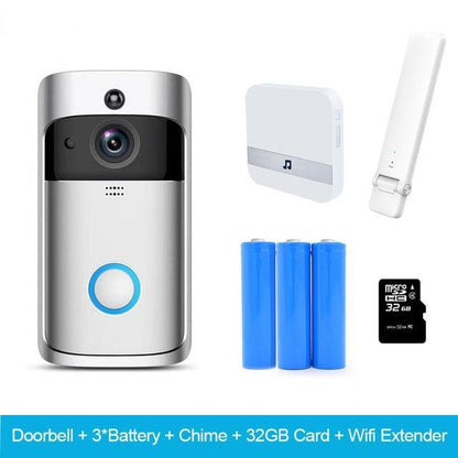 $119 Video Doorbell w/ Rechargeable Batteries, Chime, 32 GB SD card and WiFi Extender