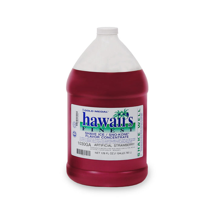 One gallon sized jug of strawberry snow cone and shave ice syrup.