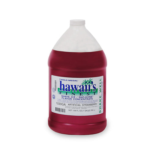 One gallon sized jug of strawberry snow cone and shave ice syrup.