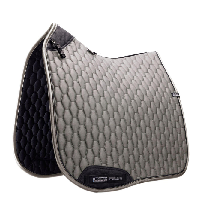 Gray and black quilted saddle pad with 'Stabbin' branding on a white background