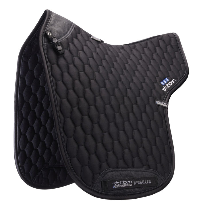 Black quilted saddle pad with 'Stabben' branding on a white background