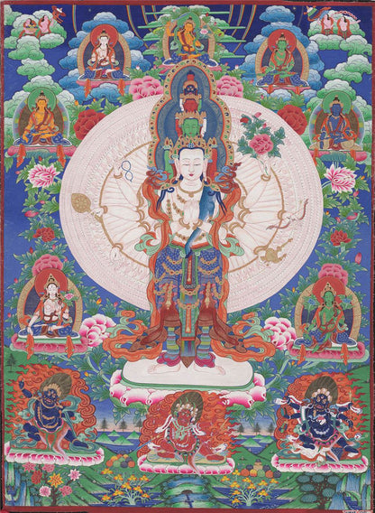 The Thousand-hand Avalokiteshvara - Tibetan thangka painting, front view