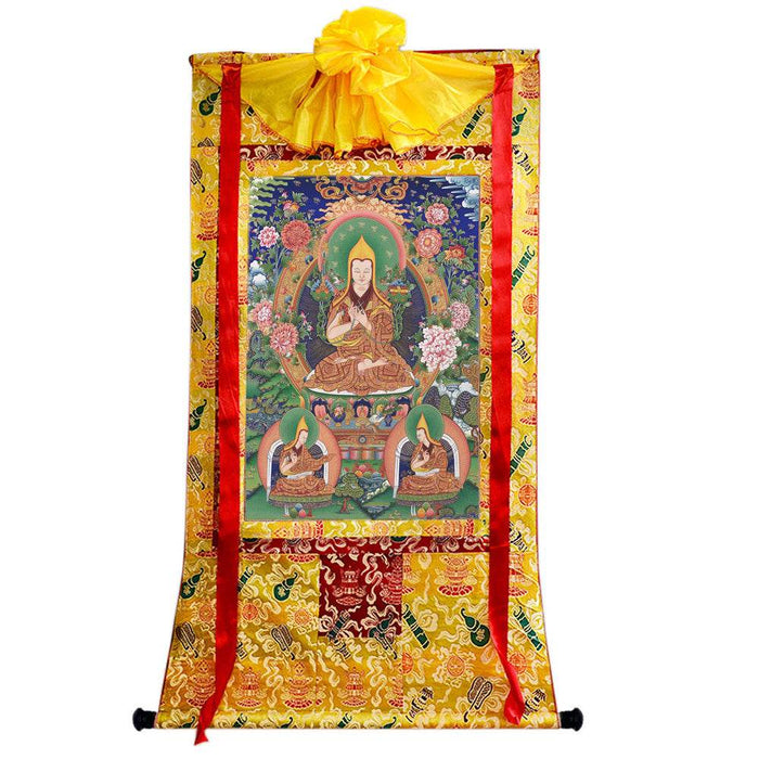 Tsongkhapa and His 2 Disciples - Tibetan thangka painting, close-up detail
