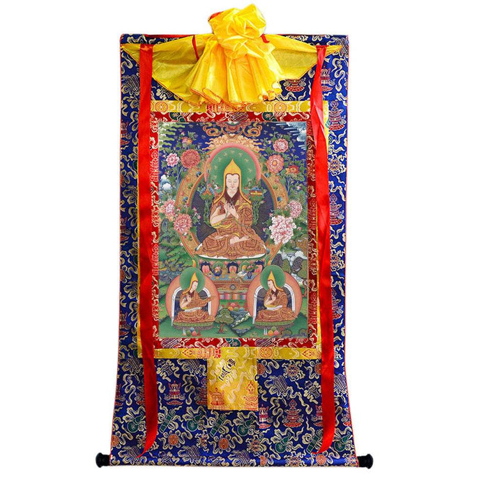 Tsongkhapa and His 2 Disciples - Tibetan thangka painting, view 4