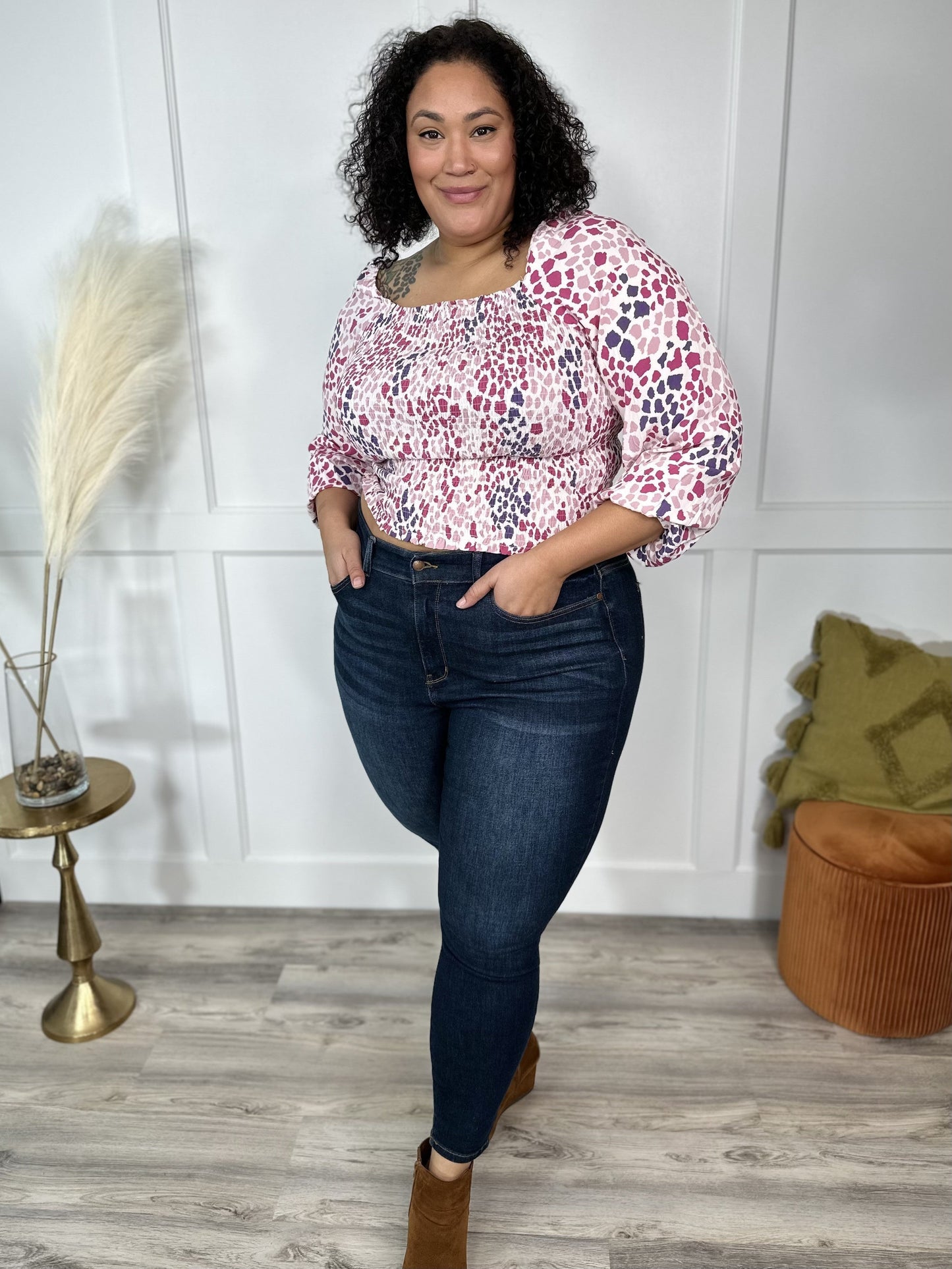 All The Spots Women's Smocked Long Sleeve Top