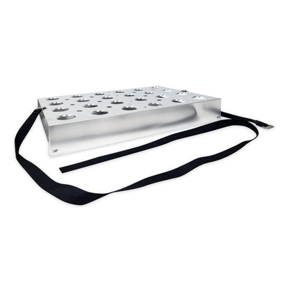 angled view of aluminum serving tray