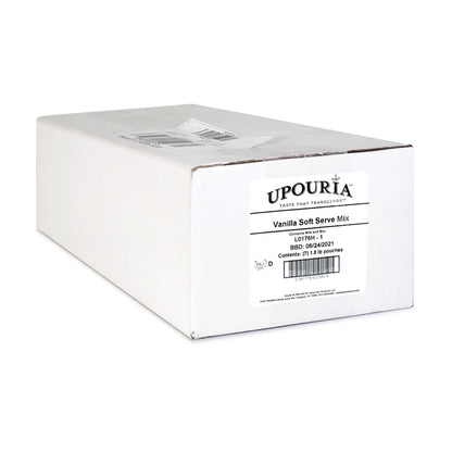 white cardboard box labeled vanilla soft-serve mix