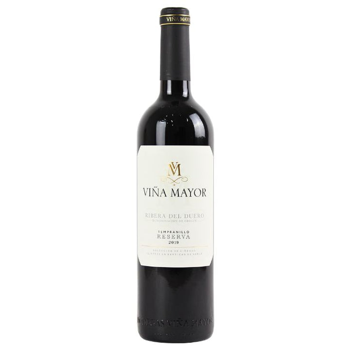 Wine bottle with 'Vina Mayor Ribero Del Duero Reserva' label on a white background