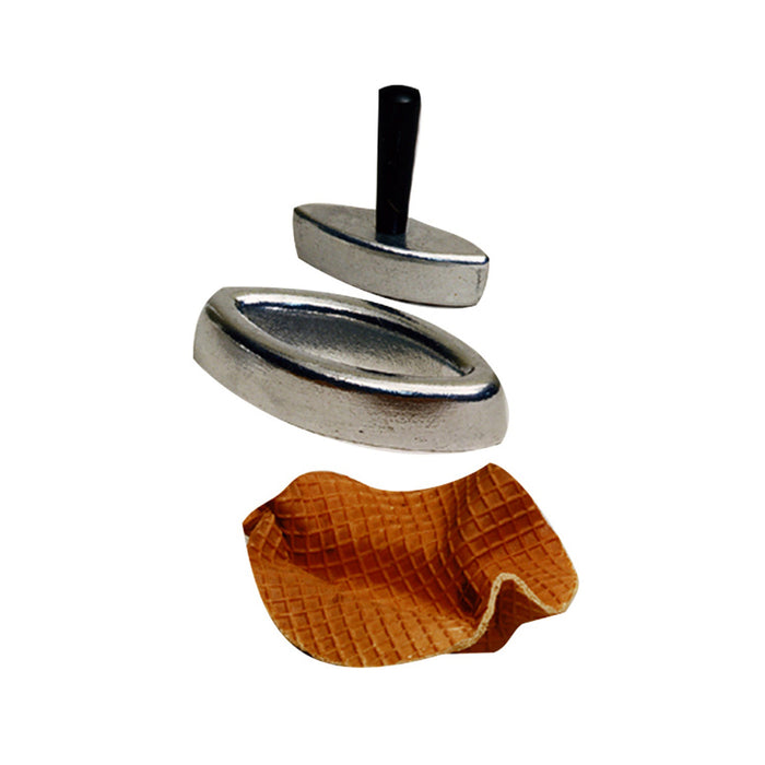 Oval waffle cone mold base with center cut out, silver oval mold insert with black handle above the base. Waffle cone formed into a oval boat shape.