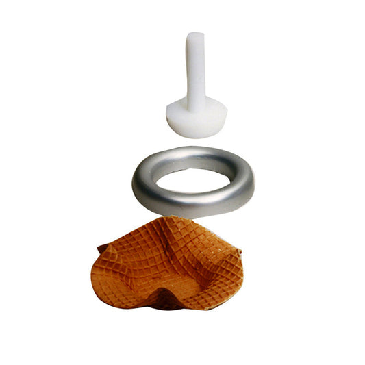Large round waffle cone mold base with center cut out, white mold insert with white handle and rounded bottom above the base. Waffle cone formed into a bowl.