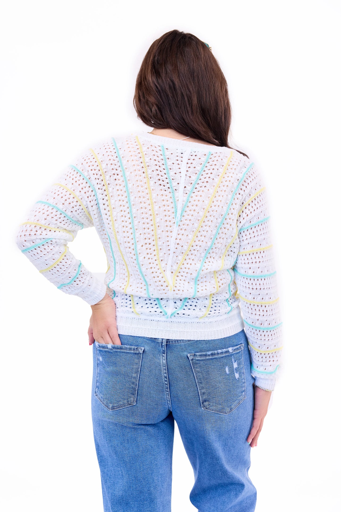 Women's Crochet Striped Open Knit Sweater
