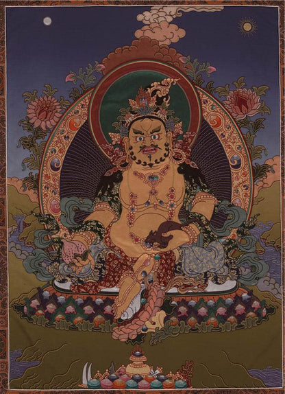 Yellow Jambhala - Tibetan thangka painting, front view